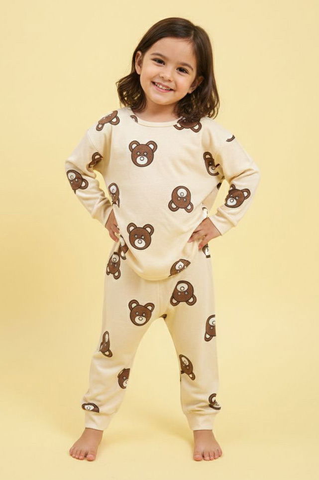 Kız Çocuk Krem Baskılı Süet Pijama Takımı - 28129-KREM - 1