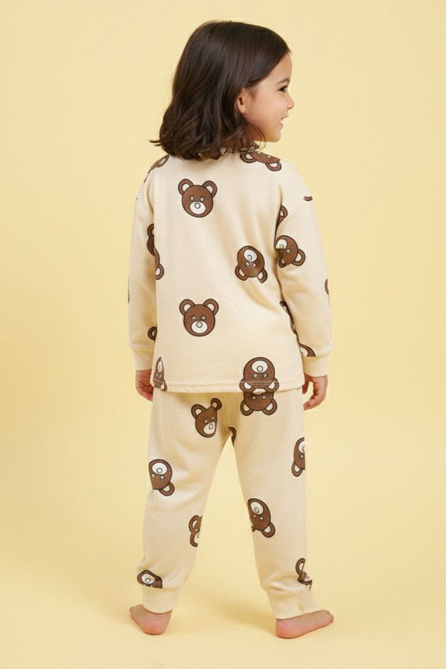 Kız Çocuk Krem Baskılı Süet Pijama Takımı - 28129-KREM - 2