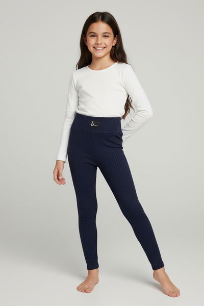 Kız Çocuk Lacivert Armalı Fitilli Kadife Tayt - 27963-LACIVERT 