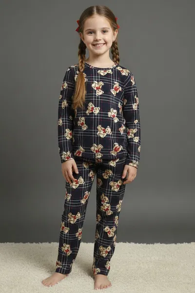 Kız Çocuk Lacivert Baskılı Süet Pijama Takımı - 28128-LACIVERT 