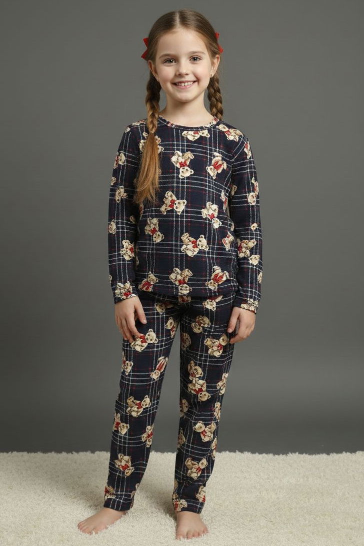 Kız Çocuk Lacivert Baskılı Süet Pijama Takımı - 28128-LACIVERT - TOFİSA