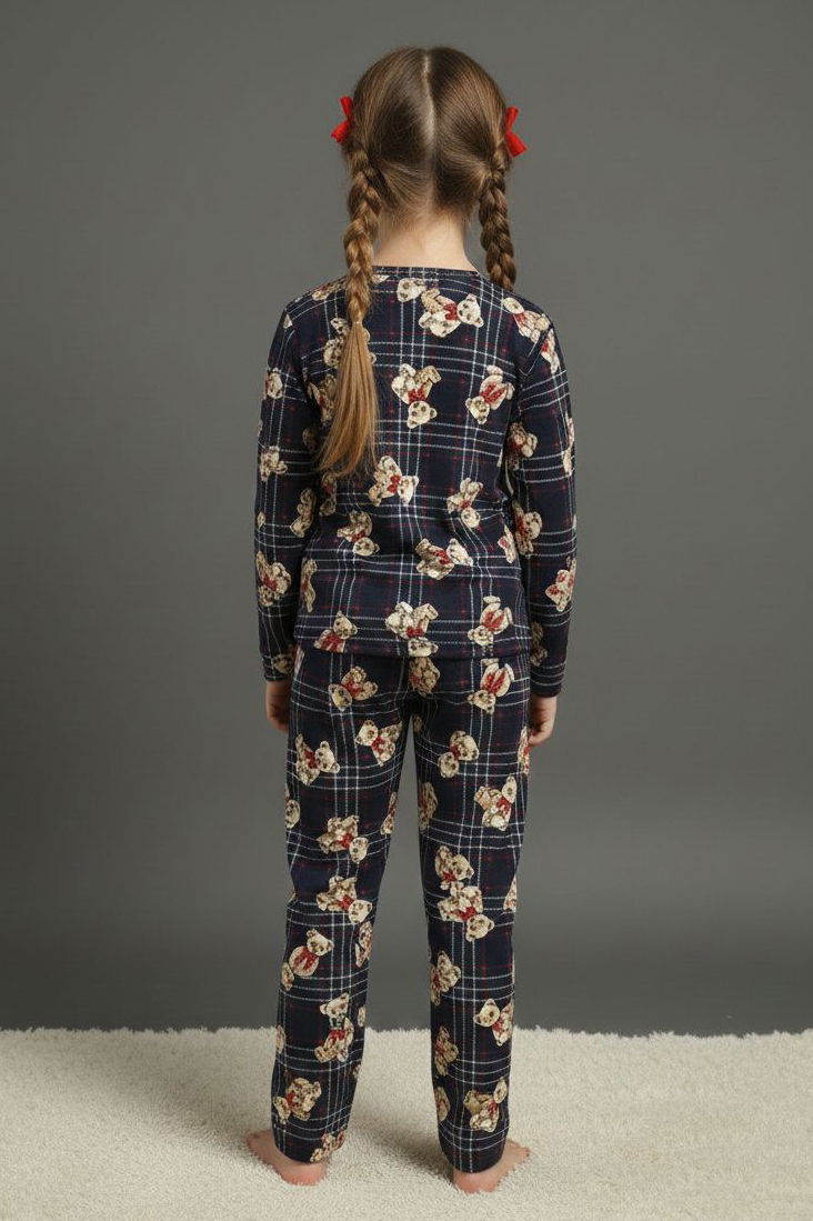 Kız Çocuk Lacivert Baskılı Süet Pijama Takımı - 28128-LACIVERT - TOFİSA