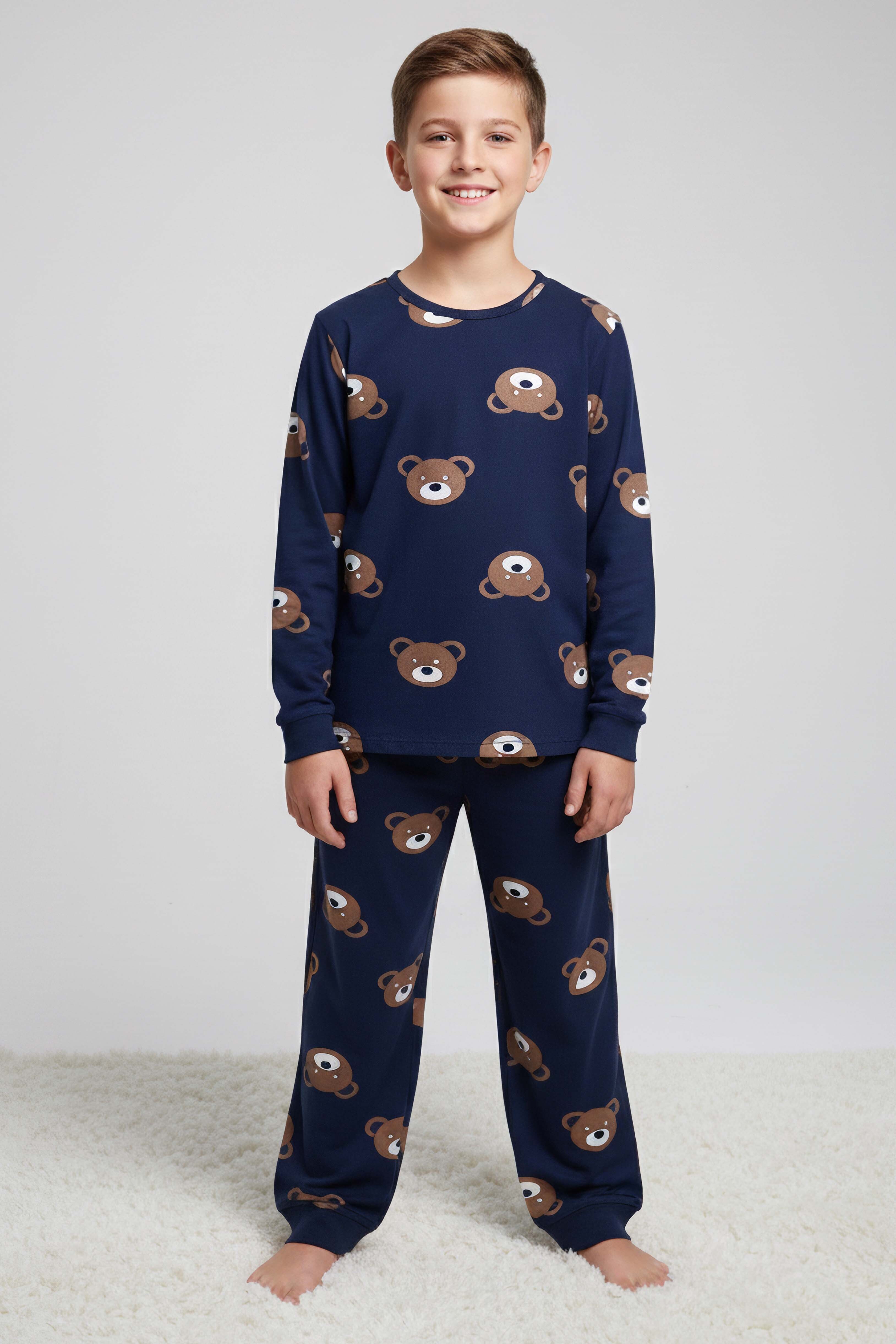 Erkek Çocuk Lacivert Baskılı Süet Pijama Takımı - 28129-LACIVERT - 1