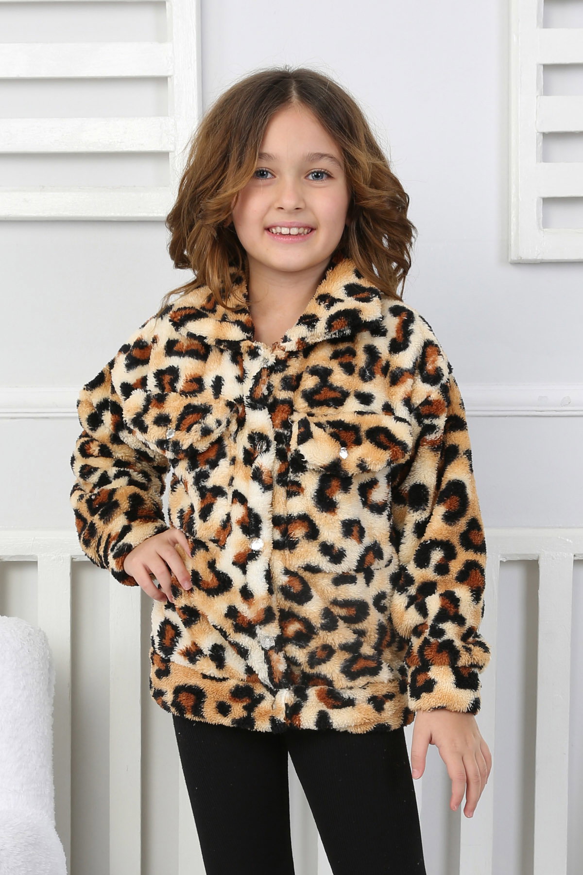 Kız Çocuk Leopar Çift Cepli Peluş Mont - 26701 - 1
