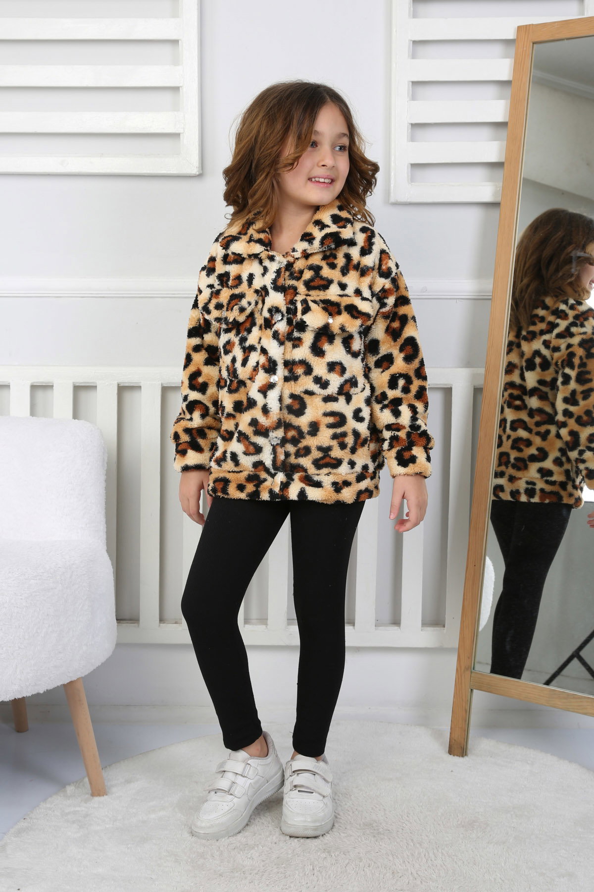 Kız Çocuk Leopar Çift Cepli Peluş Mont - 26701 - 2