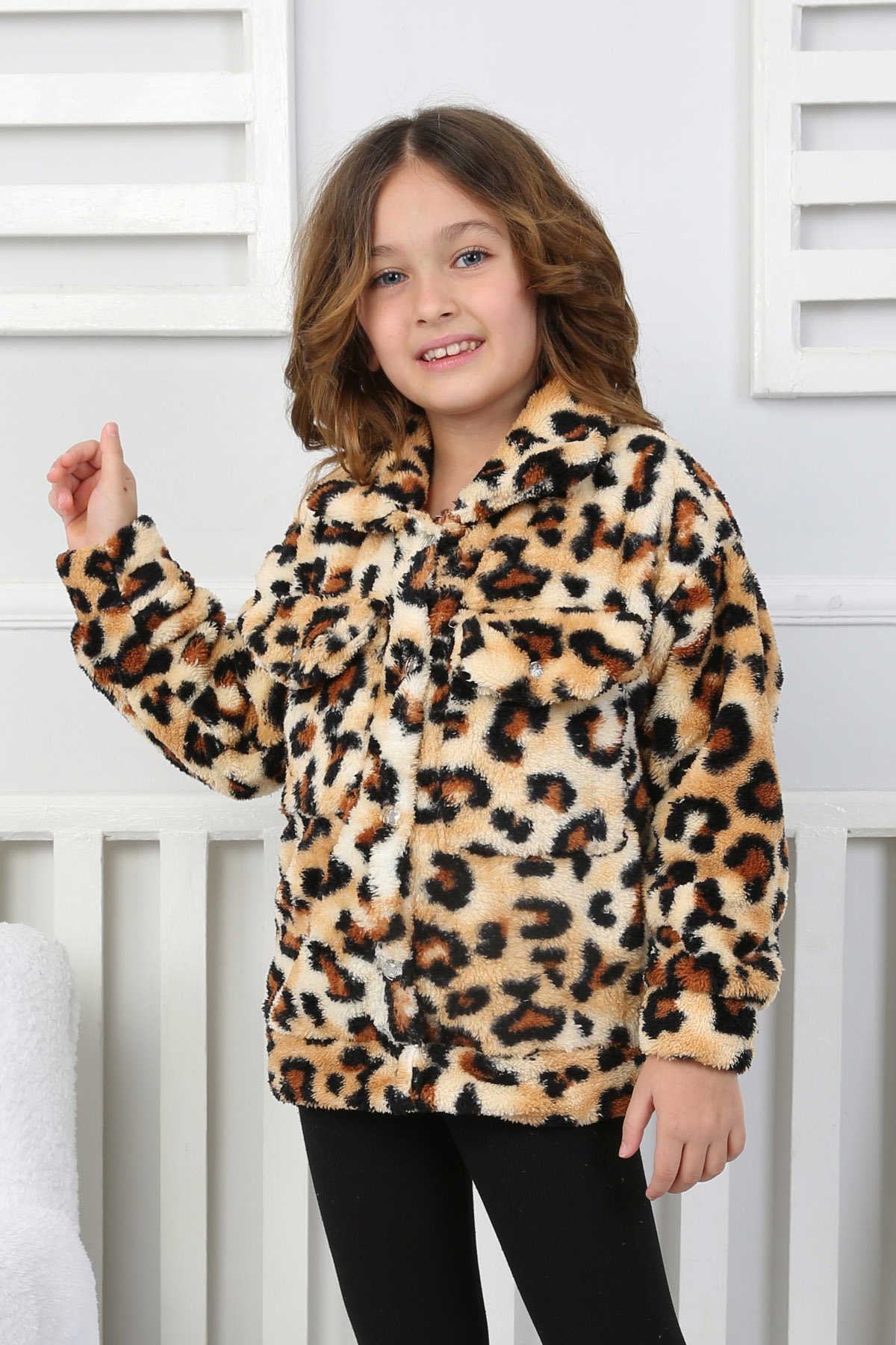 Kız Çocuk Leopar Çift Cepli Peluş Mont - 26701 - 3