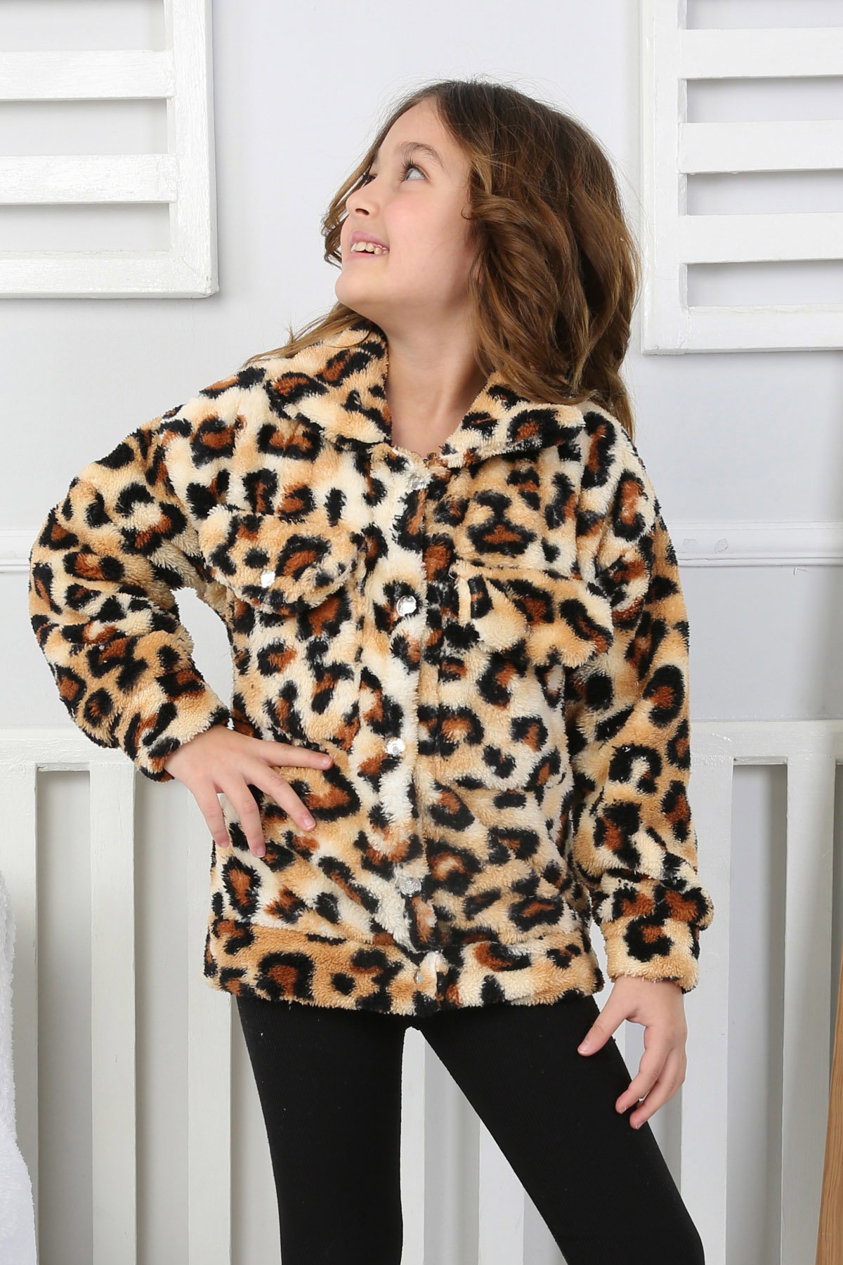 Kız Çocuk Leopar Çift Cepli Peluş Mont - 26701 - 4