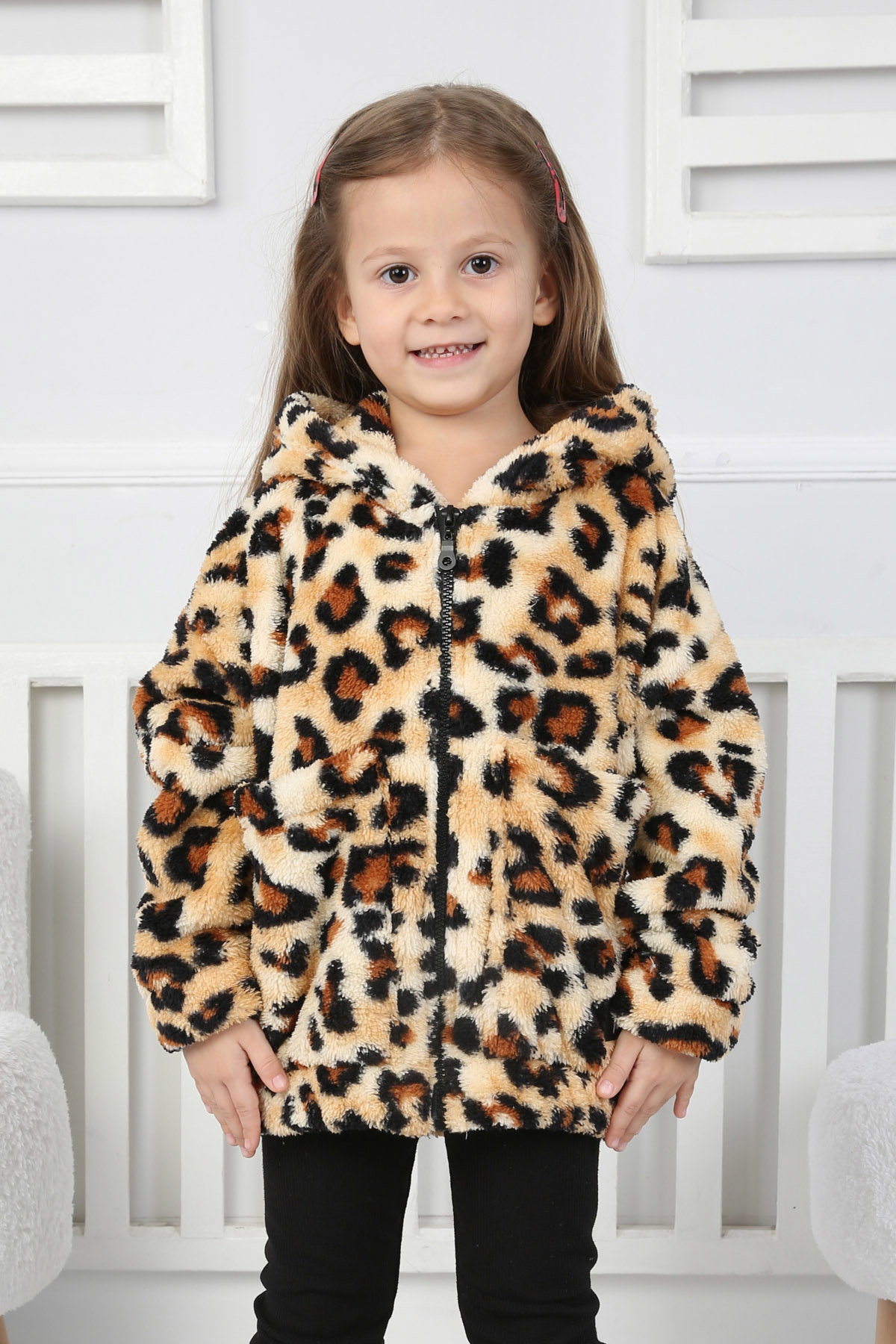 Kız Çocuk Leopar Çift Cepli Peluş Mont - 26702 - 2