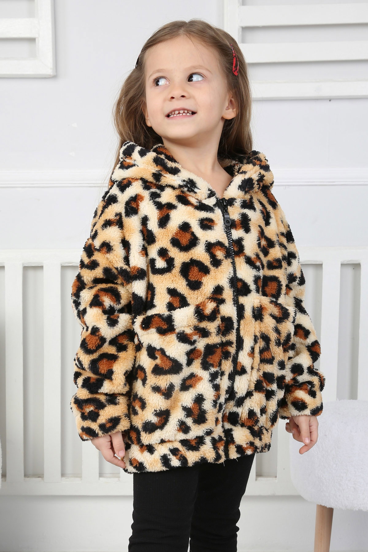 Kız Çocuk Leopar Çift Cepli Peluş Mont - 26702 - 3