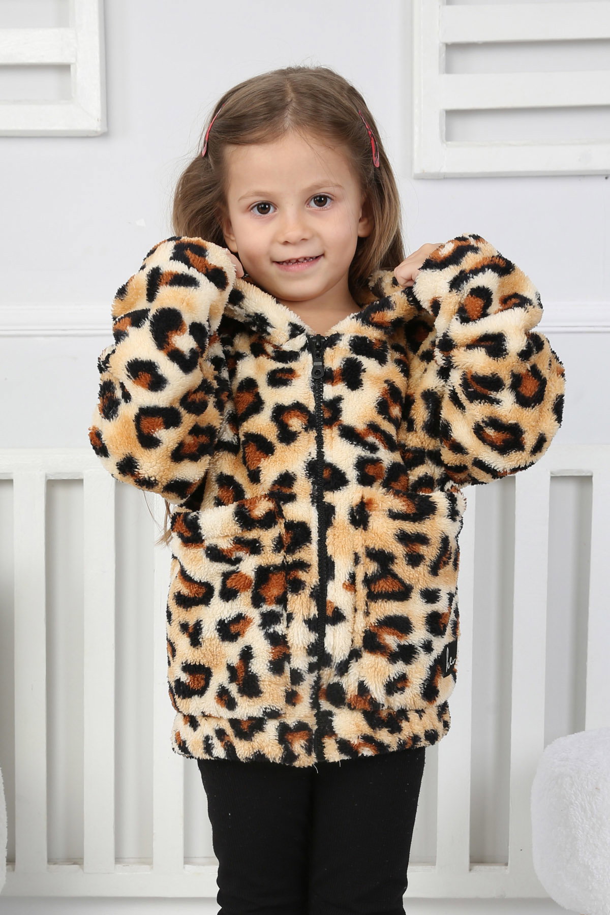 Kız Çocuk Leopar Çift Cepli Peluş Mont - 26702 - 4