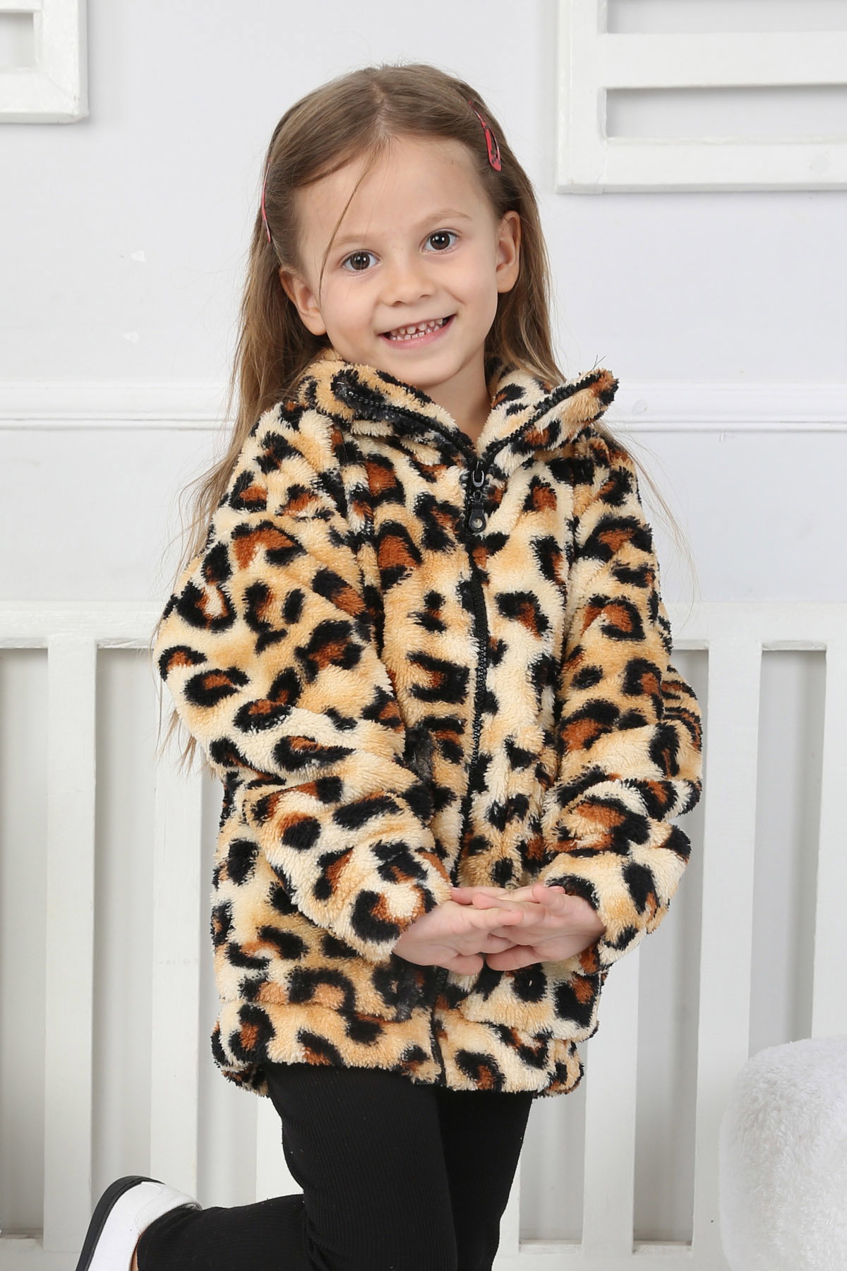 Kız Çocuk Leopar Çift Cepli Peluş Mont - 26703 - 1