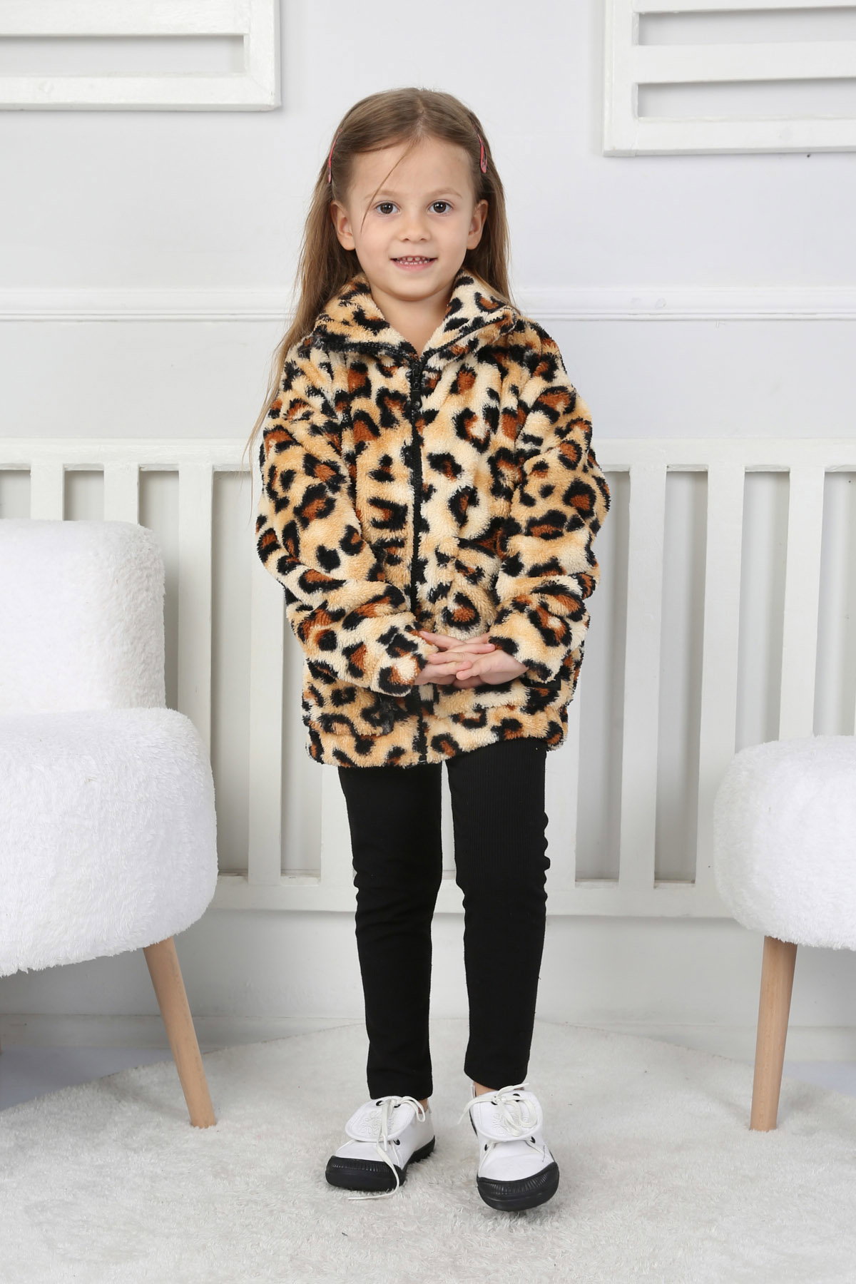 Kız Çocuk Leopar Çift Cepli Peluş Mont - 26703 - 2