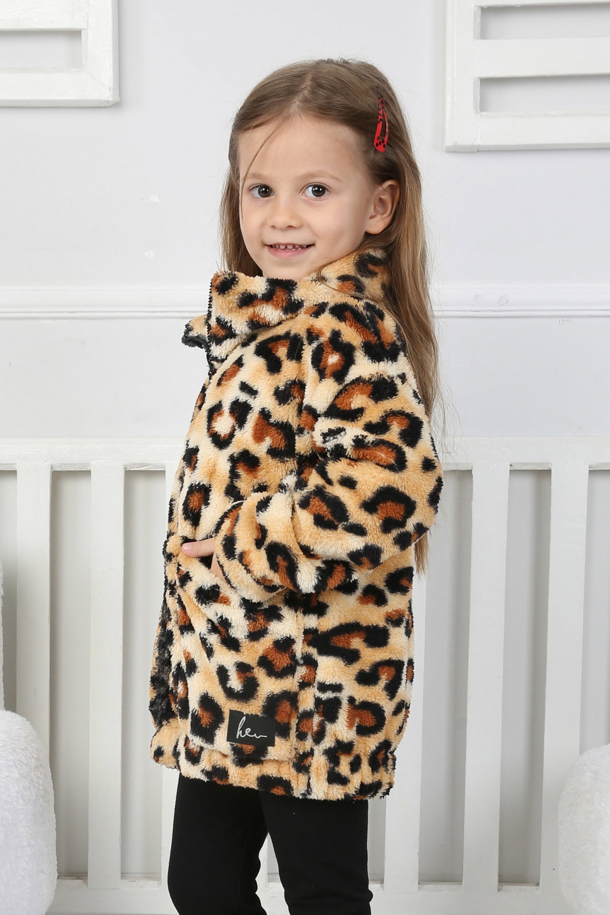 Kız Çocuk Leopar Çift Cepli Peluş Mont - 26703 - 3