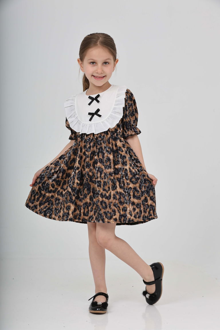 Kız Çocuk Leopar Leopar Desenli Elbise - 27218 - TOFİSA