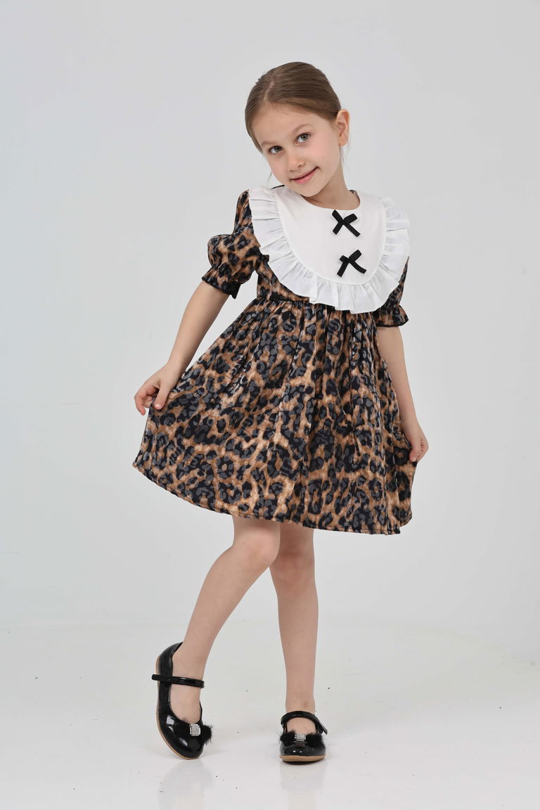 Kız Çocuk Leopar Leopar Desenli Elbise - 27218 - TOFİSA