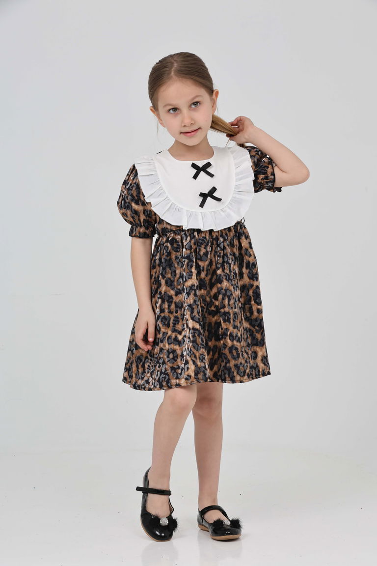 Kız Çocuk Leopar Leopar Desenli Elbise - 27218 - TOFİSA