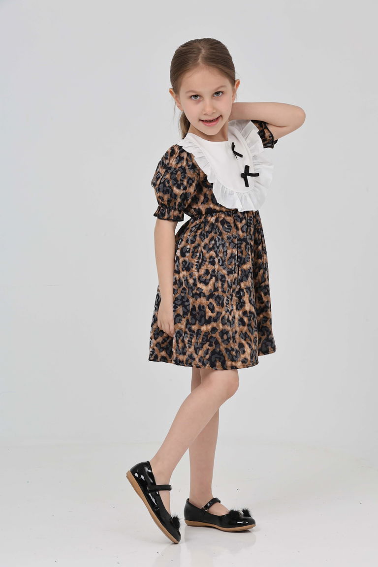 Kız Çocuk Leopar Leopar Desenli Elbise - 27218 - TOFİSA