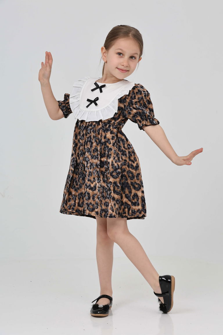Kız Çocuk Leopar Leopar Desenli Elbise - 27218 - TOFİSA