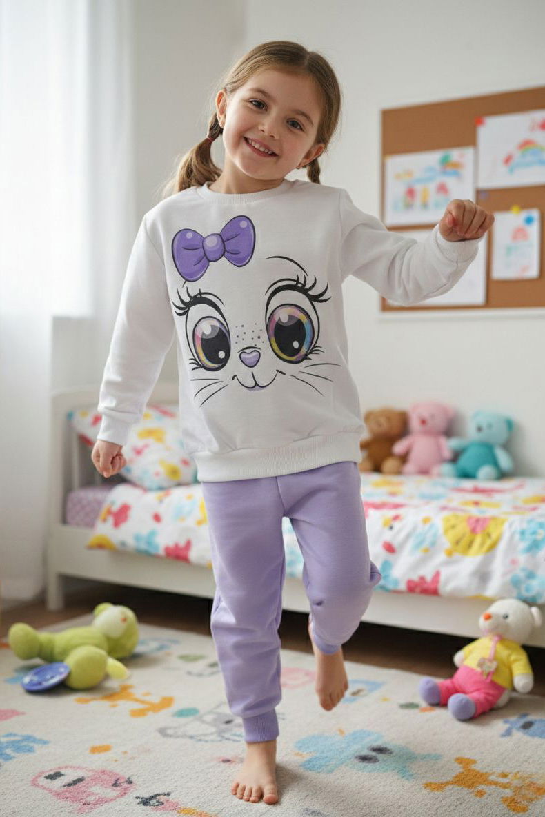 Kız Çocuk Lila Baskılı İki İplik Çocuk Pijama Takımı - 28275-LILA - 1