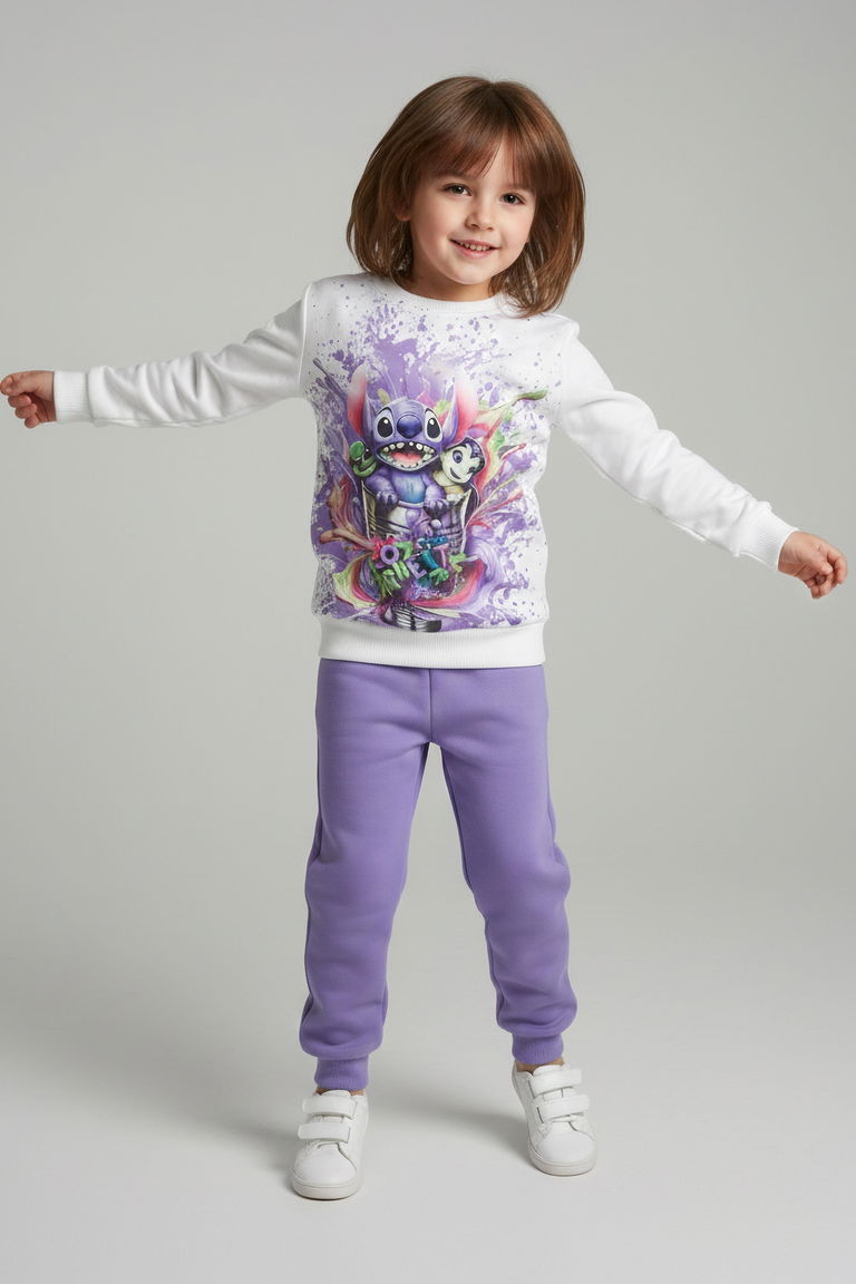 Kız Çocuk Lila Baskılı Pijama Takımı - 28096-LILA - TOFİSA