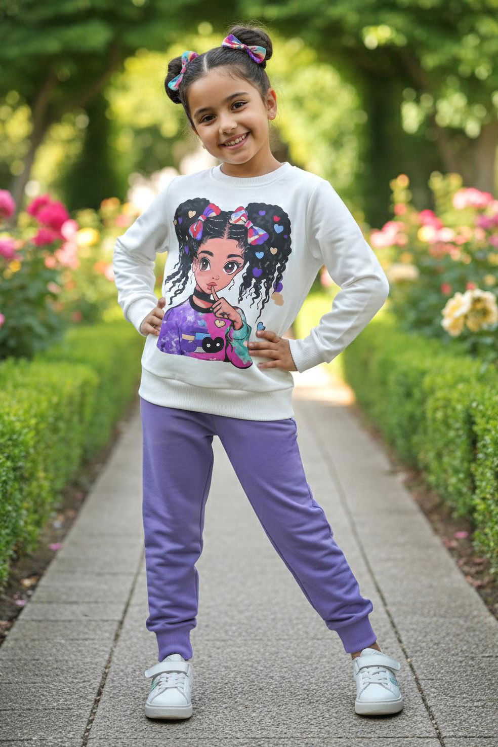 Kız Çocuk Lila Baskılı Pijama Takımı - 28108-LILA - 1