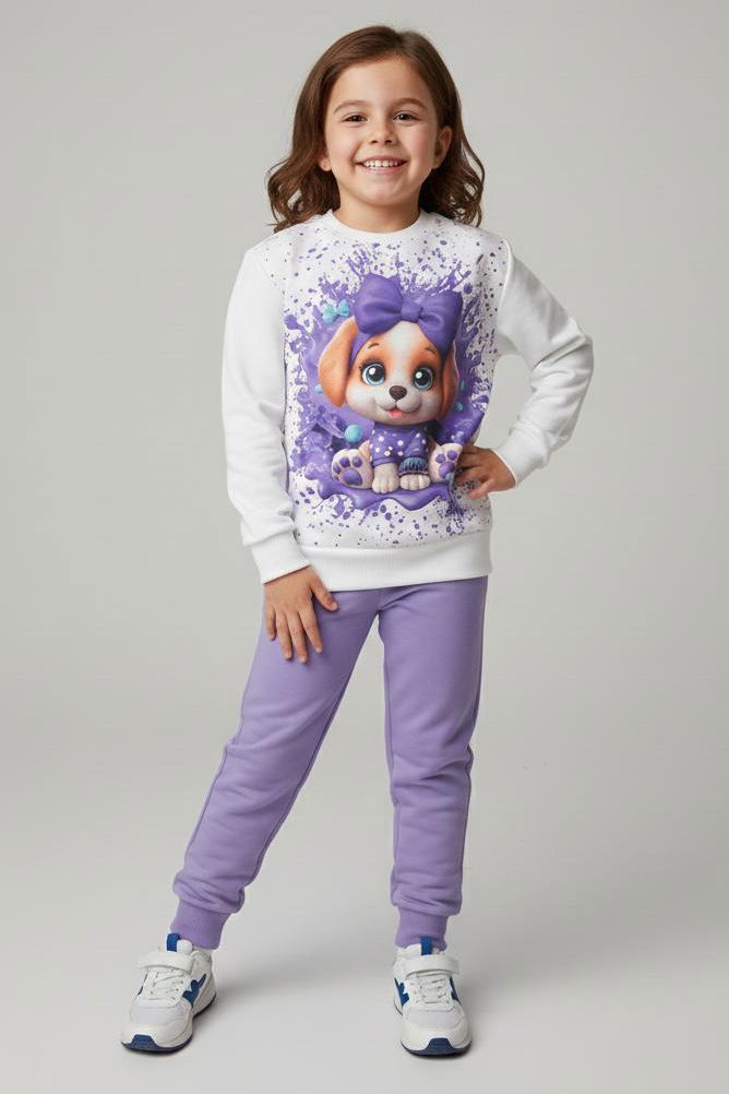 Kız Çocuk Lila Baskılı Pijama Takımı - 28166-LILA - TOFİSA