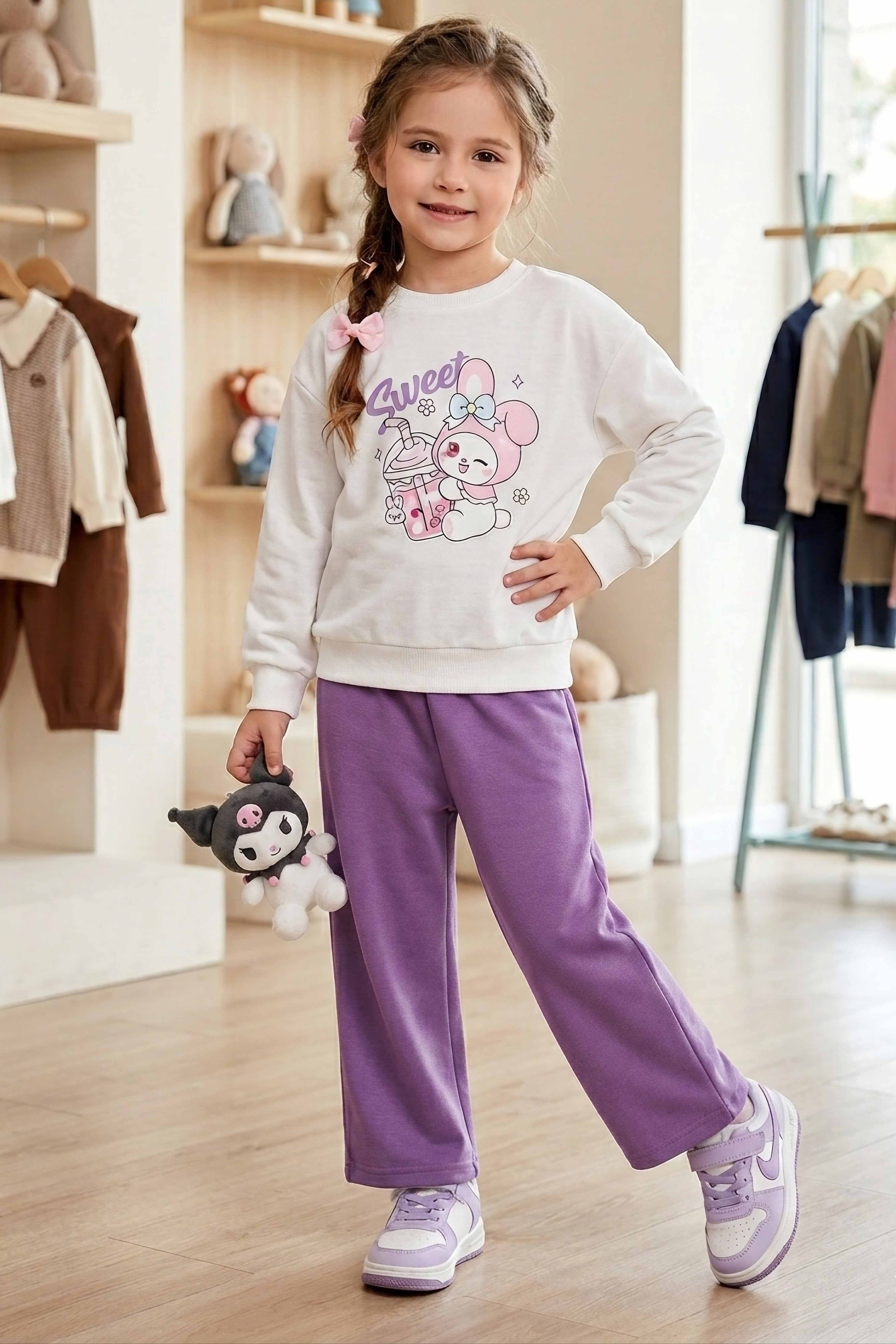 Kız Çocuk Lila Baskılı Pijama Takımı - 28305-LILA - 1