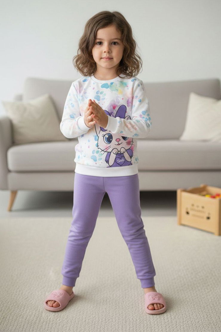 Kız Çocuk Lila Baskılı Şardonlu Pijama Takımı - 28236-LILA - 2