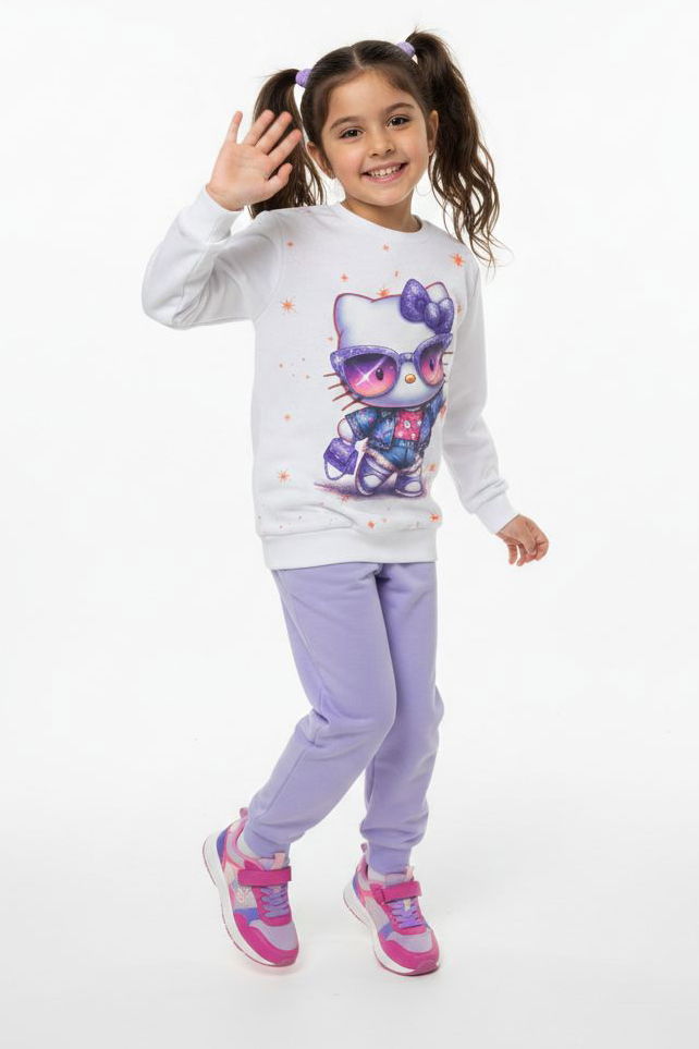 Kız Çocuk Lila Baskılı Şardonlu Pijama Takımı - 28237-LILA - 1