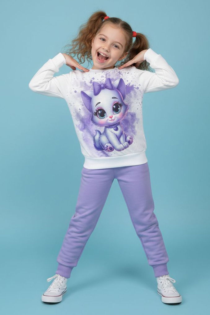 Kız Çocuk Lila Baskılı Şardonlu Pijama Takımı - 28238-LILA - 1