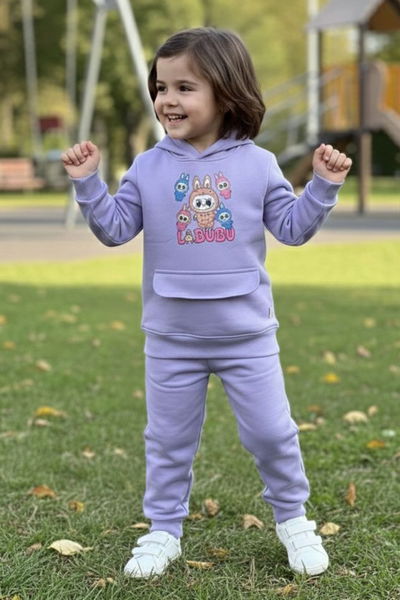 Kız Çocuk Lila Baskılı Üç iplik Eşofman Takımı - 28153-LILA 