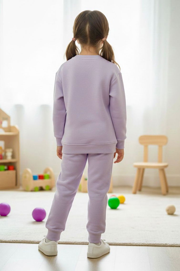 Kız Çocuk Lila Baskılı Üç iplik Eşofman Takımı - 28154-LILA - 2