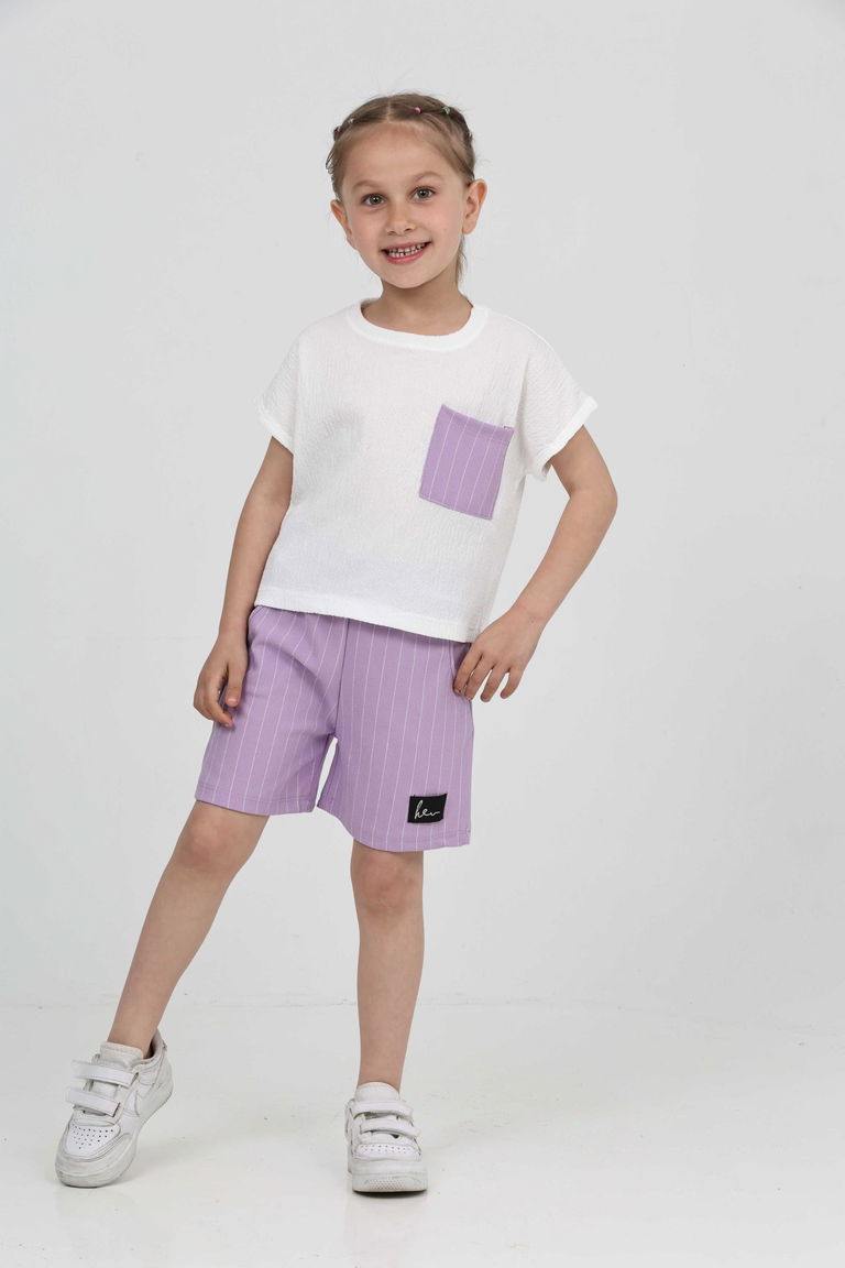 Kız Çocuk Lila Fiyonklu Şort Takım - 27226 - TOFİSA