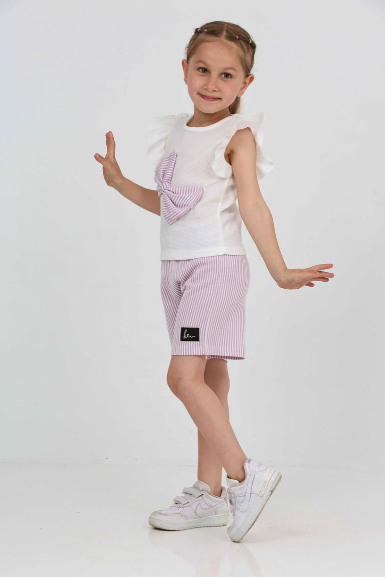 Kız Çocuk Lila Fiyonklu Şort Takım - 27226 - TOFİSA