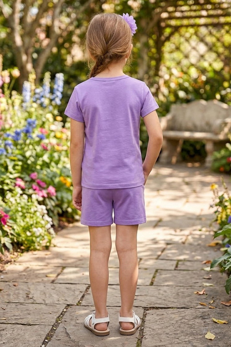 Kız Çocuk Lila Kalo Baskılı Kız Çocuk Şortlu Takım - 28559-LILA - 2