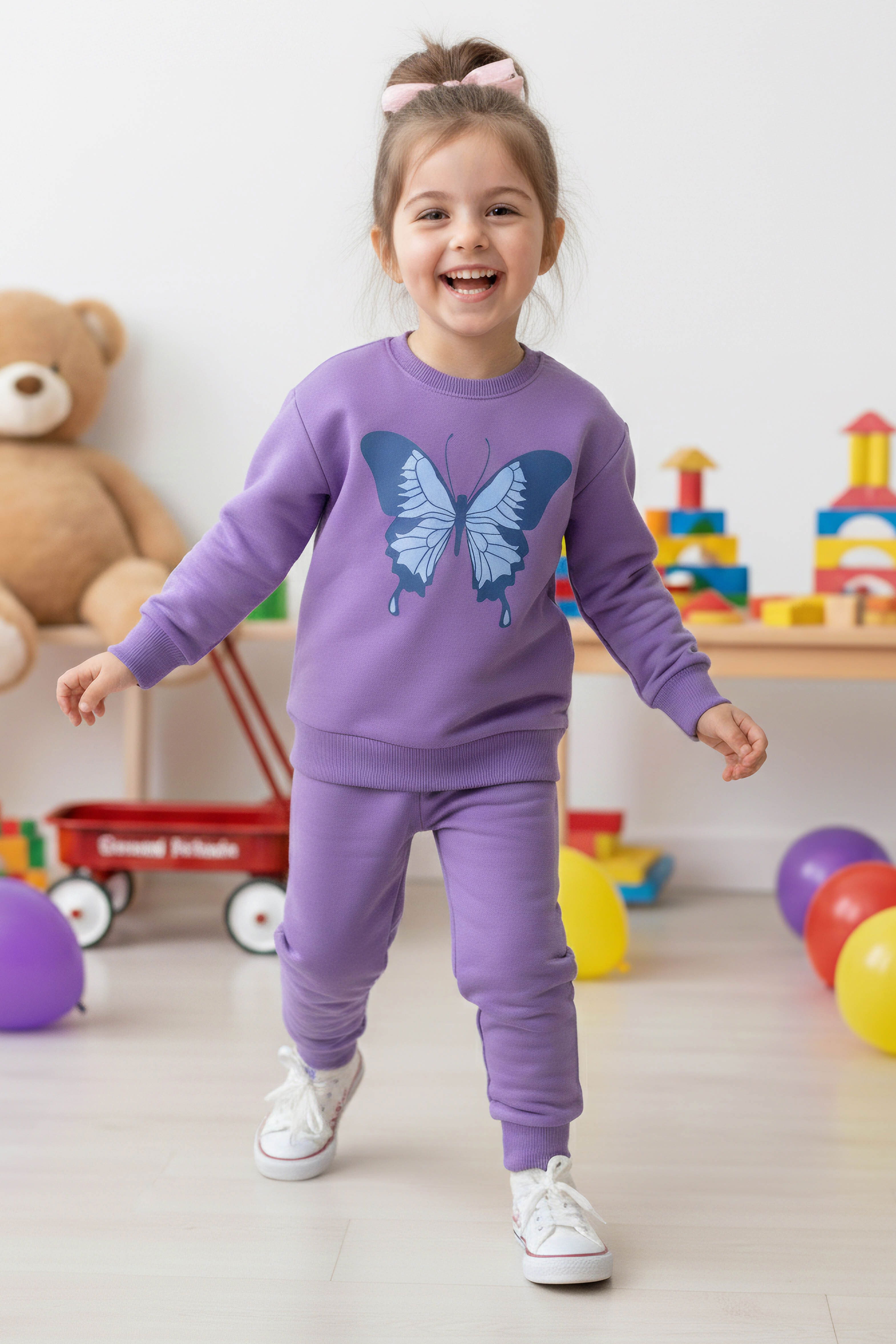 Kız Çocuk Lila Kelebek Baskılı İki İplik Takım - 28289-LILA - 1