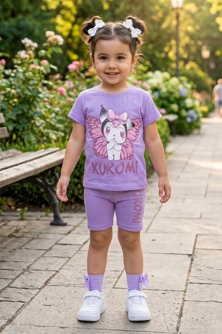 Kız Çocuk Lila Kelebek Baskılı Kız Çocuk Şortlu Takım - 28562-LILA - 1