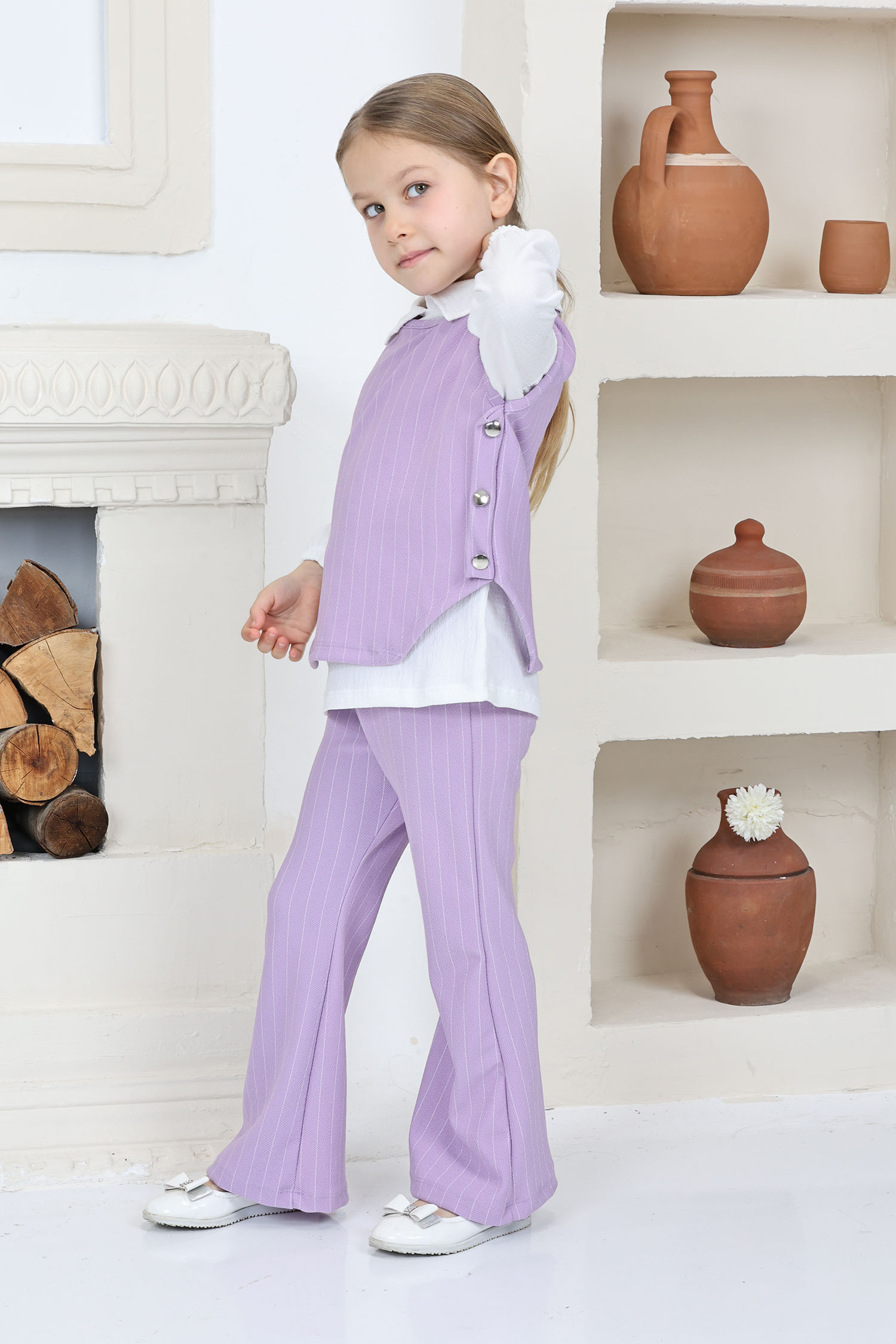 Kız Çocuk Lila Kız Çocuk Yanı Bağlamalı Süveter Gömlek ve Pantolon Üçlü Alt Üst Takım - 26814 - 3