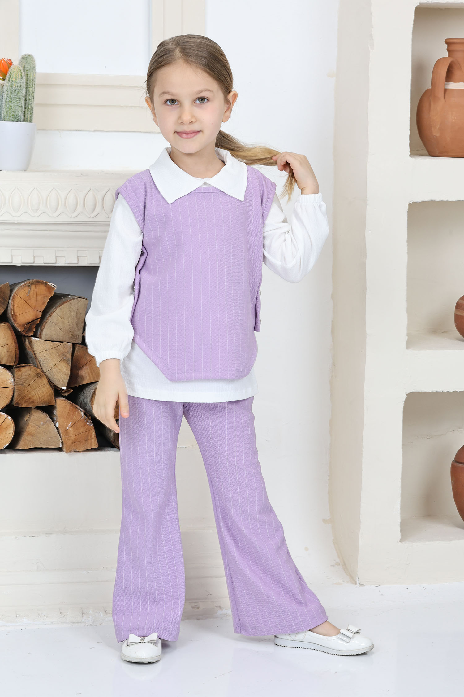 Kız Çocuk Lila Kız Çocuk Yanı Bağlamalı Süveter Gömlek ve Pantolon Üçlü Alt Üst Takım - 26814 - 4