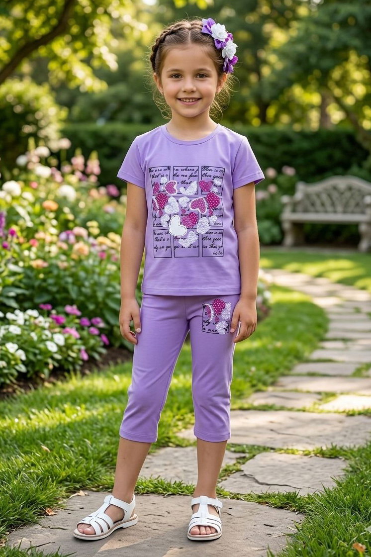 Kız Çocuk Lila Küçük Kalp Baskılı Kız Çocuk Takım - 28560-LILA - 1