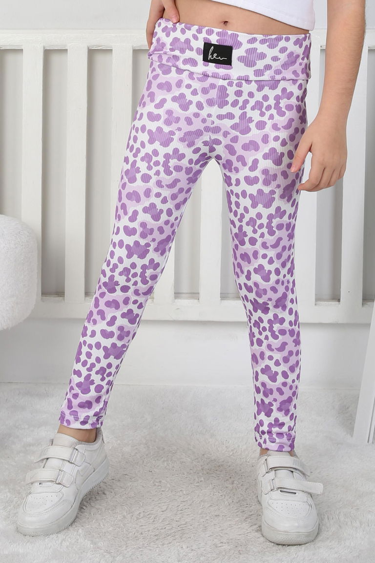 Kız Çocuk Lila Leopar Desenli Tayt - 26802 - TOFİSA