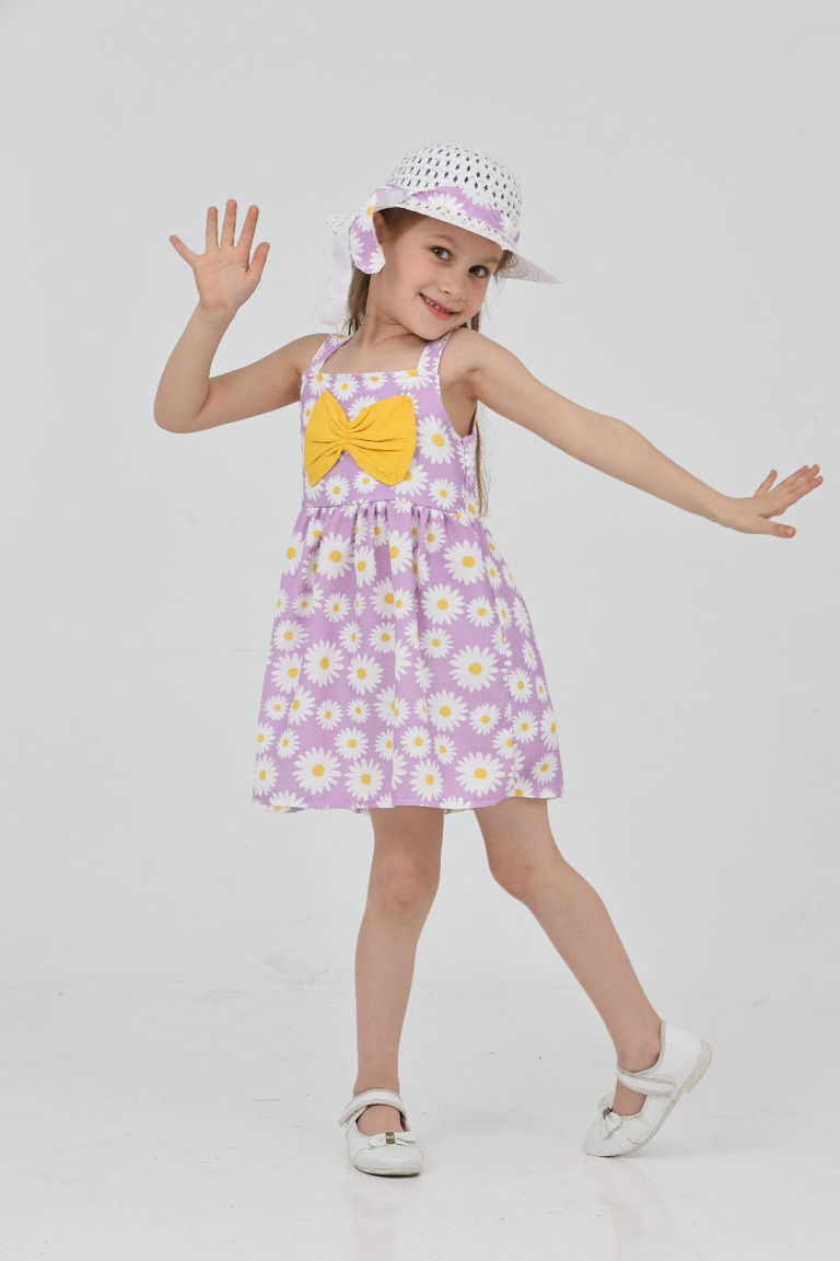 Kız Çocuk Lila Papatya Desenli Şapkalı Elbise - 27208 - TOFİSA