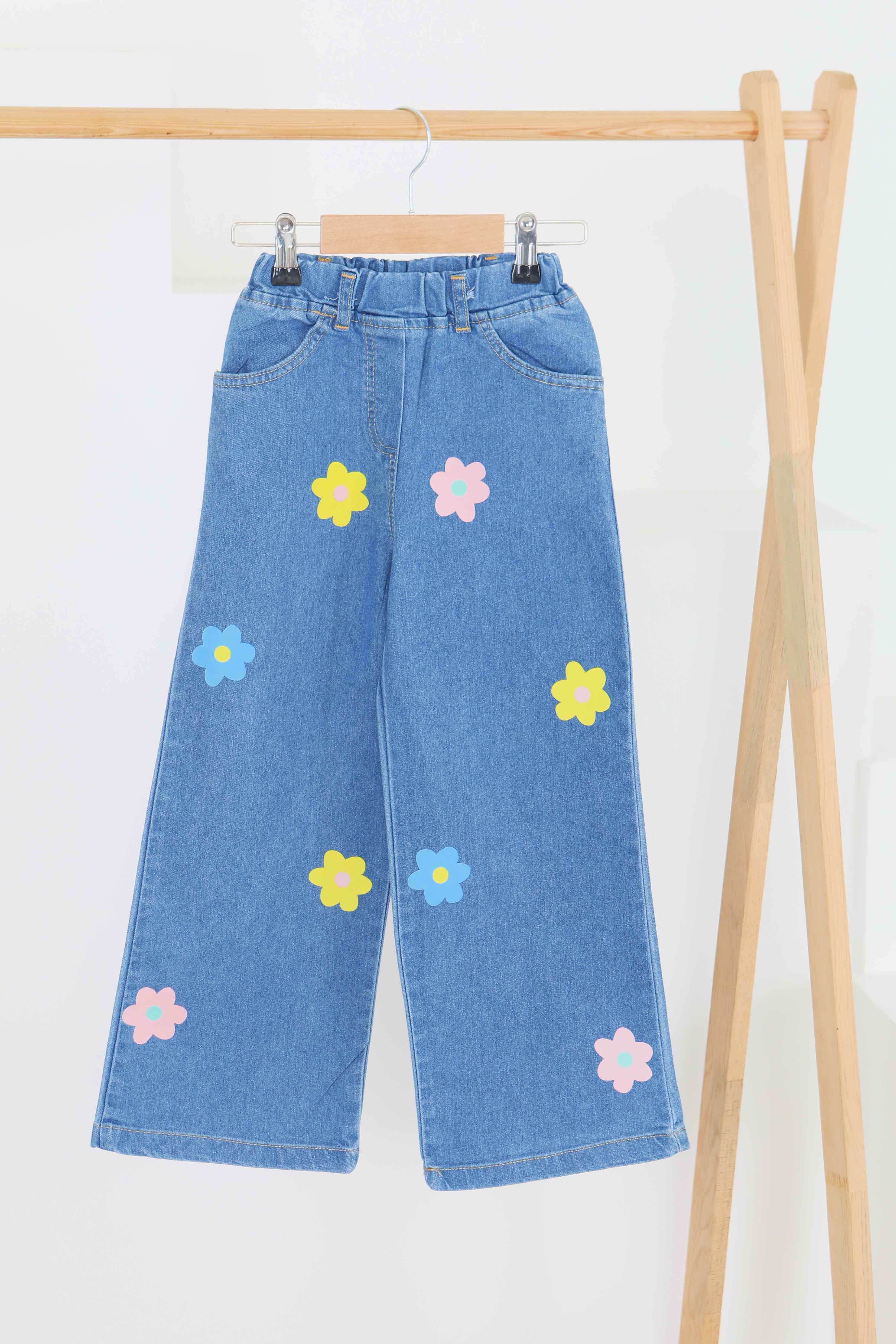 Kız Çocuk Mavi Baskılı Kot Pantolon - 27455 - 1