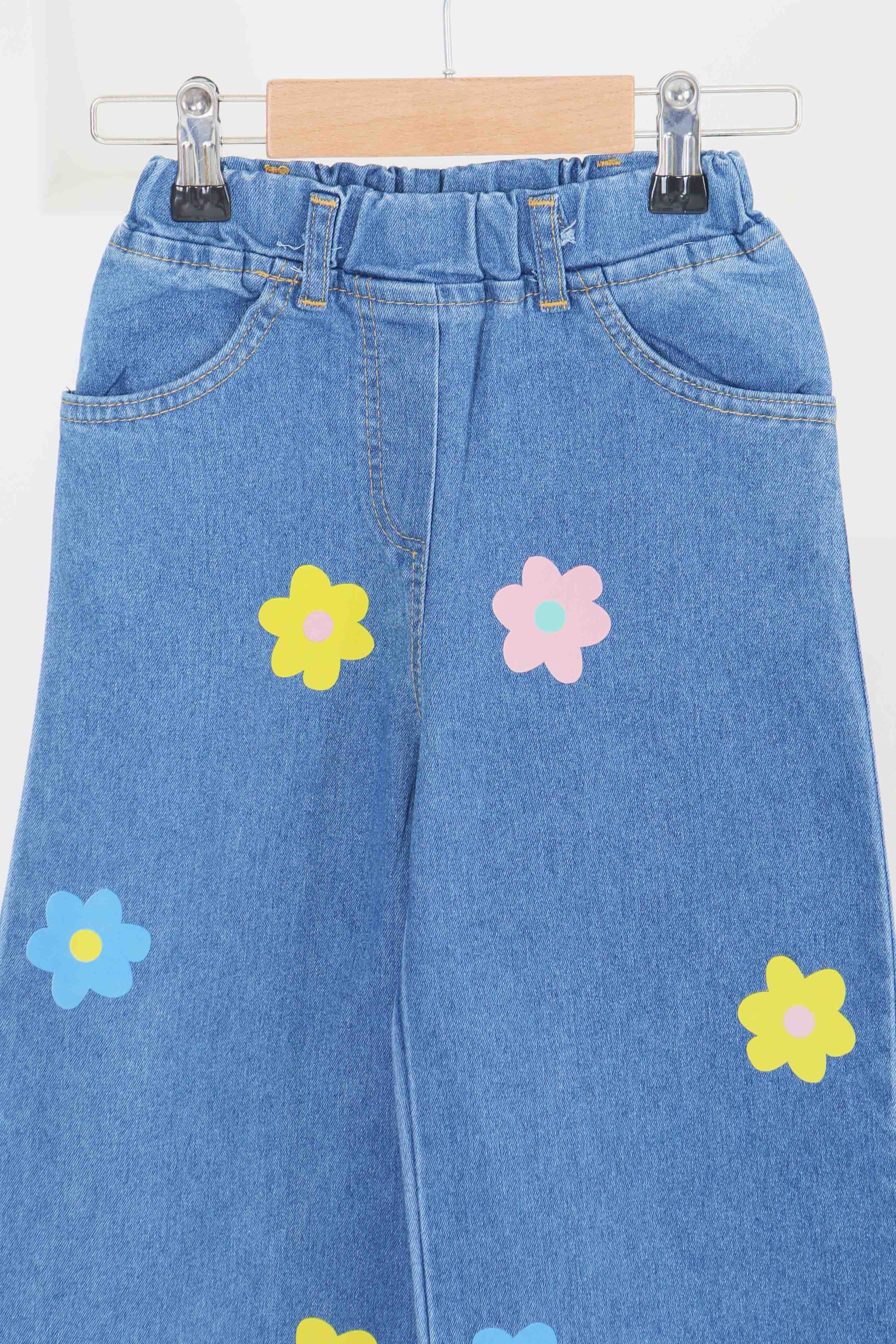 Kız Çocuk Mavi Baskılı Kot Pantolon - 27455 - 2