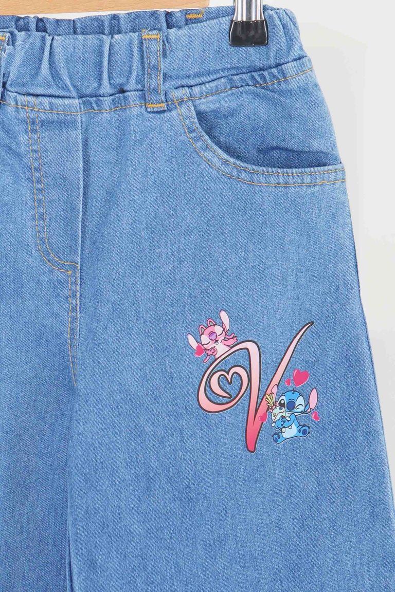 Kız Çocuk Mavi Baskılı Kot Pantolon - 27456 - TOFİSA