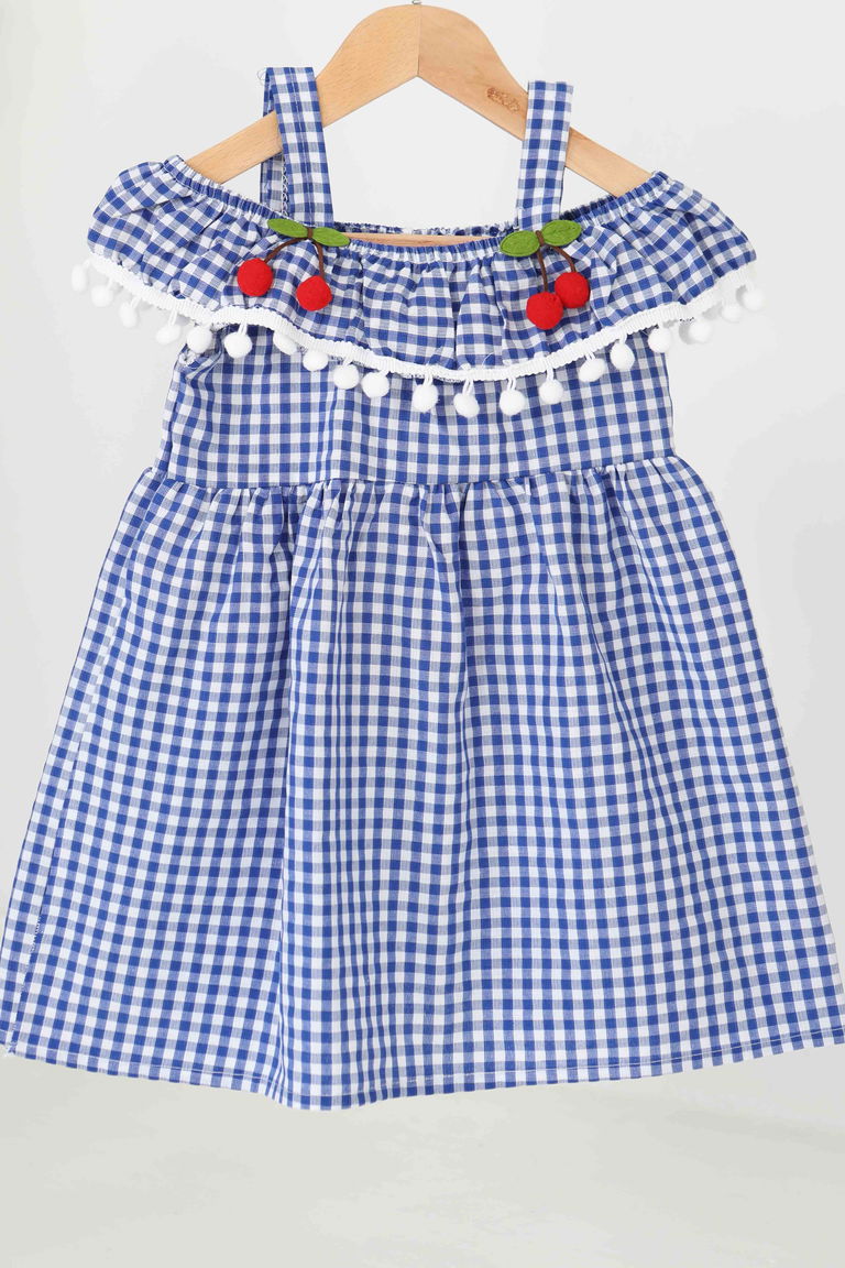 Kız Çocuk Mavi Kirazlı Elbise - 27164 - TOFİSA