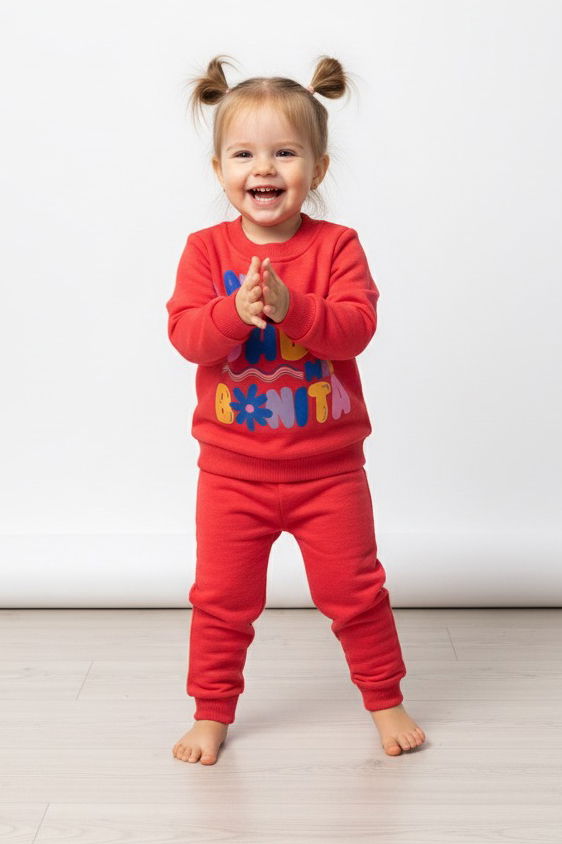 Kız Çocuk Mercan Baskılı Üç İplik Şardonlu Takım - 27964-MERCAN - 1