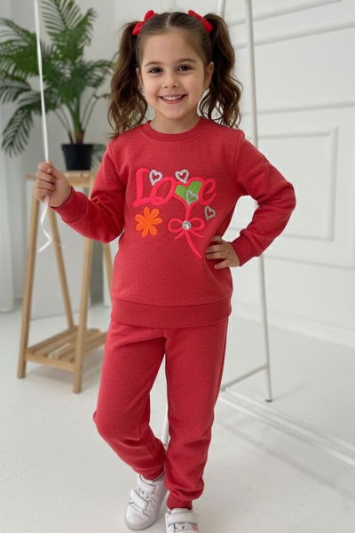 Kız Çocuk Mercan Nakışlı İki İplik İkili Takım - 27971-MERCAN 