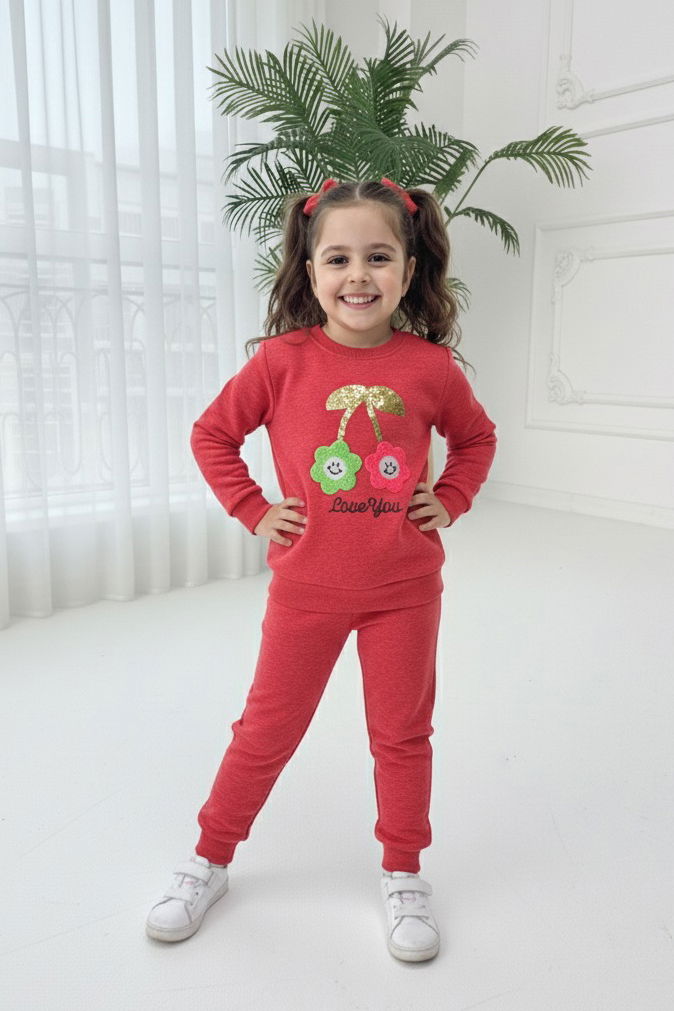 Kız Çocuk Mercan Nakışlı İki İplik İkili Takım - 27973-MERCAN - 1