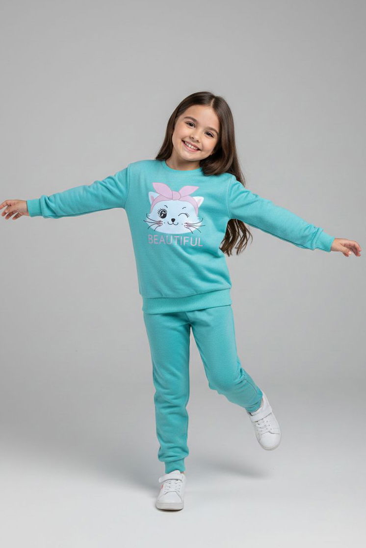 Kız Çocuk Mint Baskılı Eşofman Takımı - 28175-MINT - 1